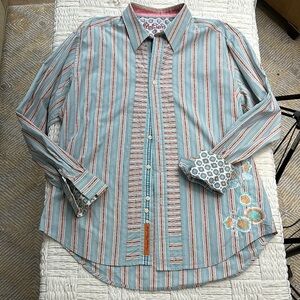 Robert Graham Light Blue Casual Button Down Shirt with Striped Pattern